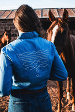 Load image into Gallery viewer, Boot Stitch denim pearl snap top
