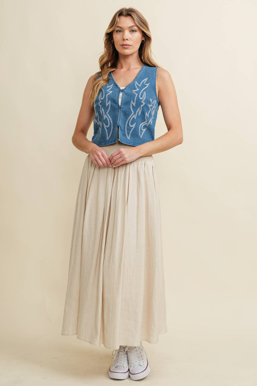 Denim Embroidery Crop Vest