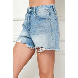 Distressed Hem Washed Denim Shorts